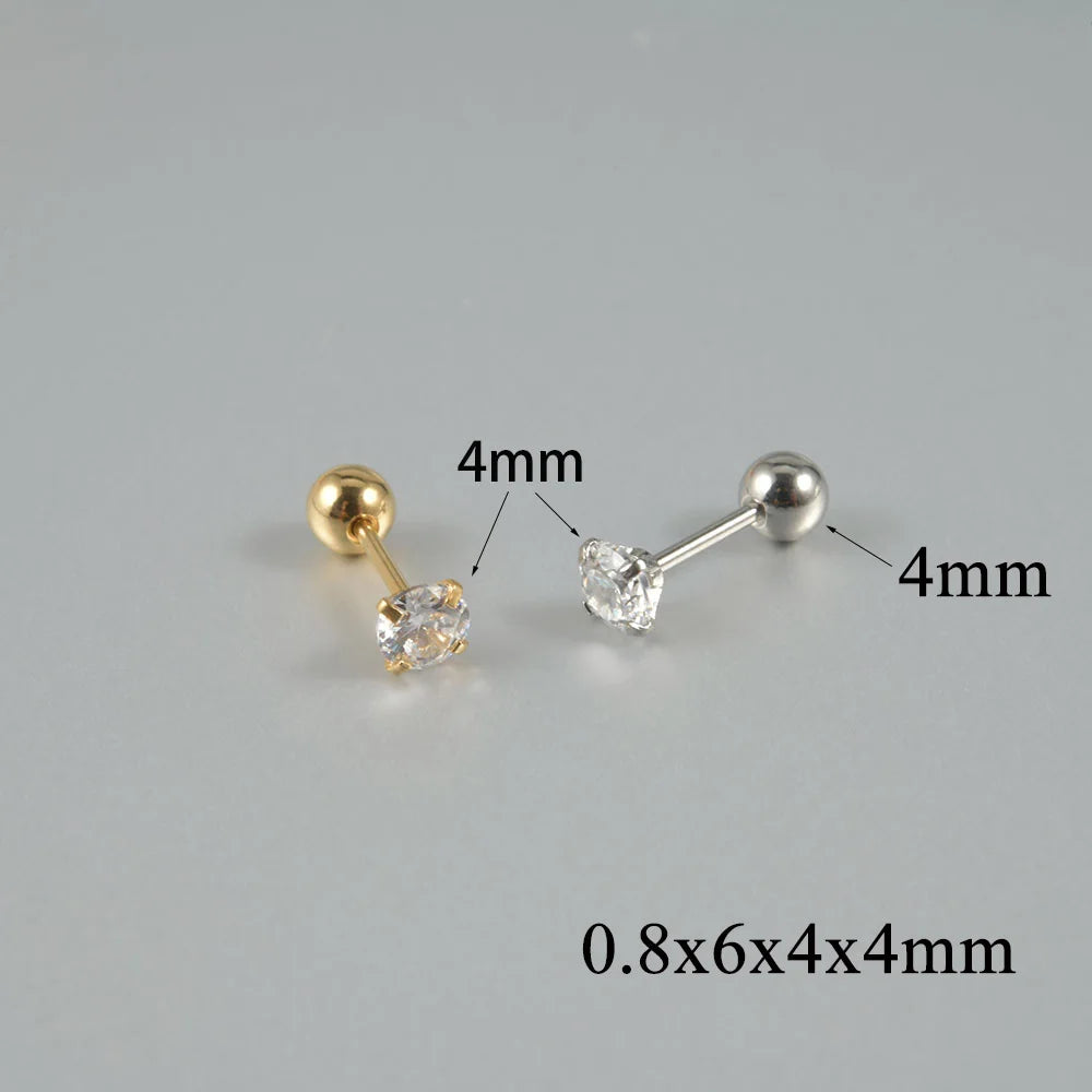 1Pair Surgical Steel Catch Round Zircon Earrings Gold Plated Cartilage Tragus Helix Ear Lobe Studs Women Piercing Jewelry