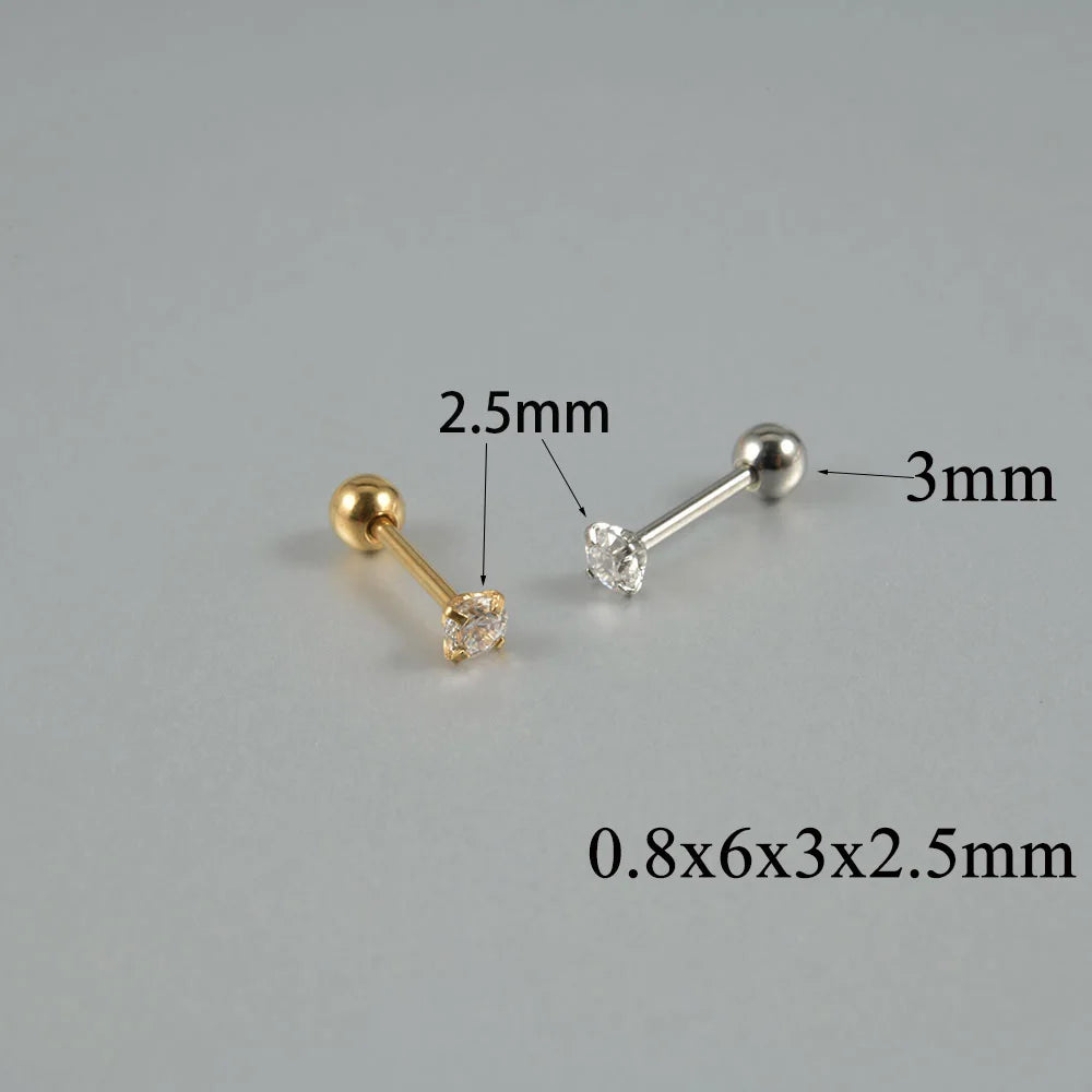 1Pair Surgical Steel Catch Round Zircon Earrings Gold Plated Cartilage Tragus Helix Ear Lobe Studs Women Piercing Jewelry