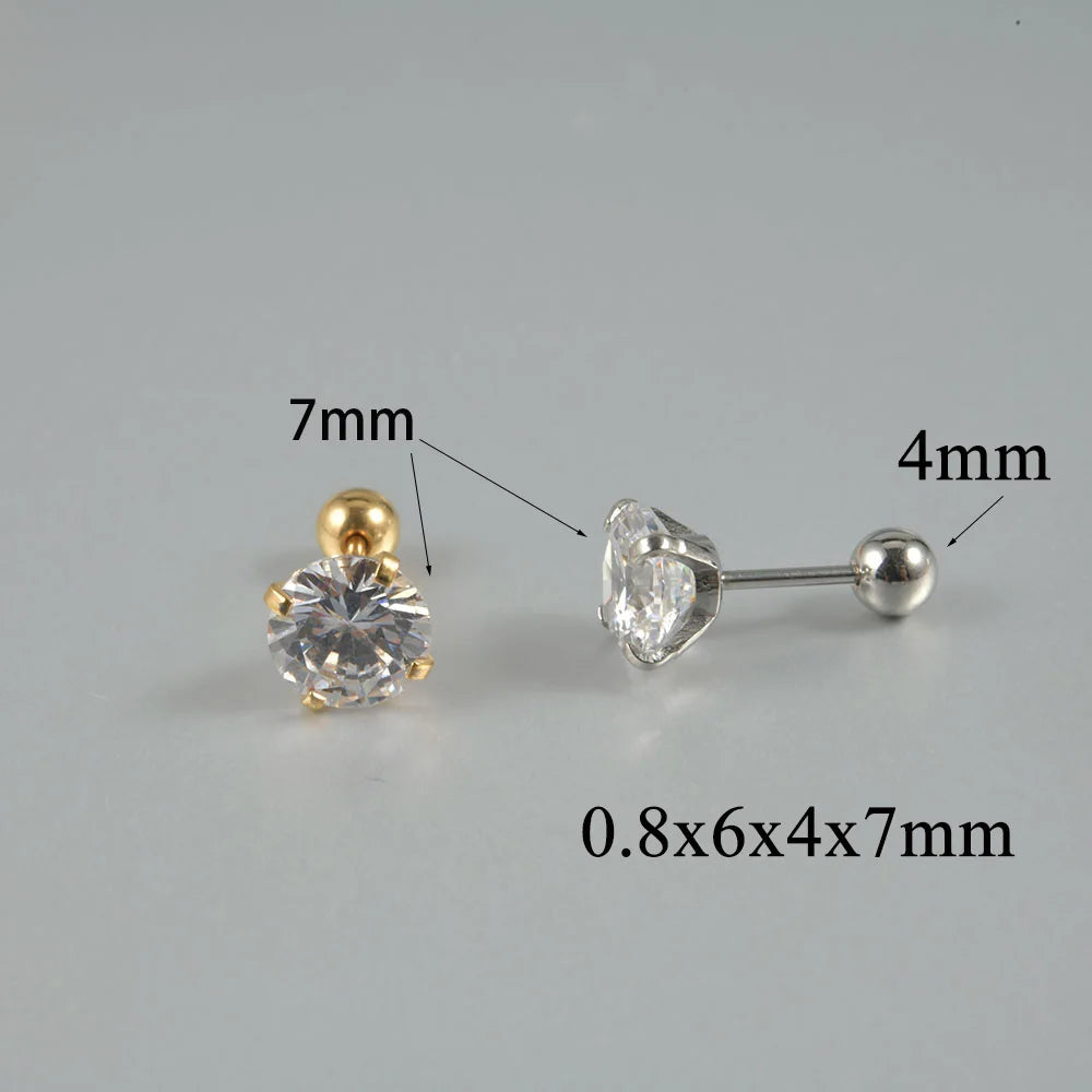 1Pair Surgical Steel Catch Round Zircon Earrings Gold Plated Cartilage Tragus Helix Ear Lobe Studs Women Piercing Jewelry