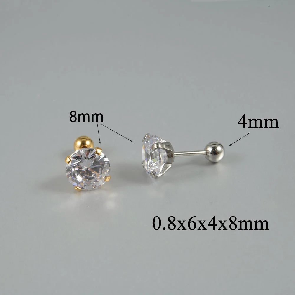 1Pair Surgical Steel Catch Round Zircon Earrings Gold Plated Cartilage Tragus Helix Ear Lobe Studs Women Piercing Jewelry