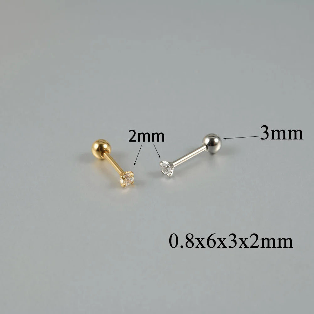 1Pair Surgical Steel Catch Round Zircon Earrings Gold Plated Cartilage Tragus Helix Ear Lobe Studs Women Piercing Jewelry