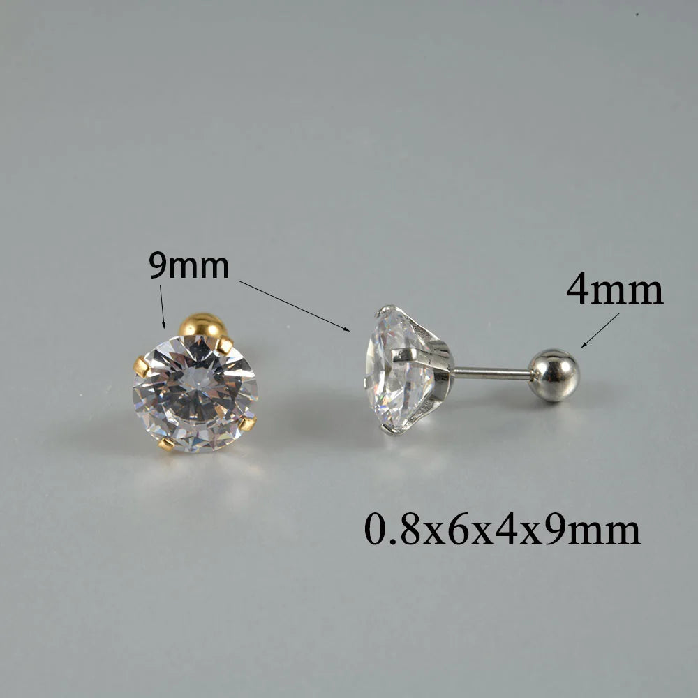 1Pair Surgical Steel Catch Round Zircon Earrings Gold Plated Cartilage Tragus Helix Ear Lobe Studs Women Piercing Jewelry