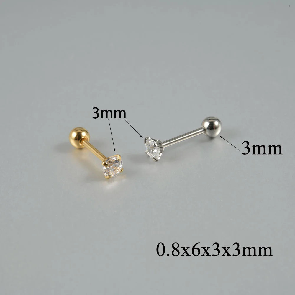 1Pair Surgical Steel Catch Round Zircon Earrings Gold Plated Cartilage Tragus Helix Ear Lobe Studs Women Piercing Jewelry