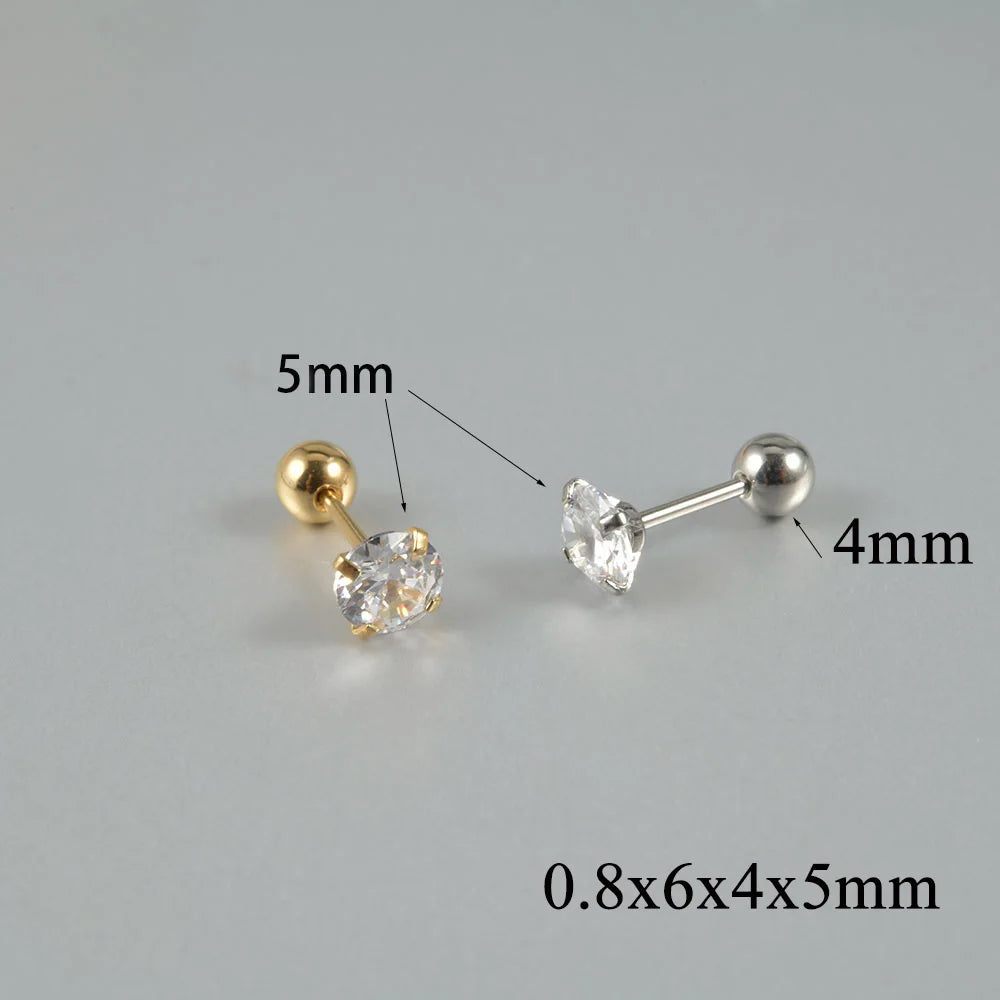 1Pair Surgical Steel Catch Round Zircon Earrings Gold Plated Cartilage Tragus Helix Ear Lobe Studs Women Piercing Jewelry