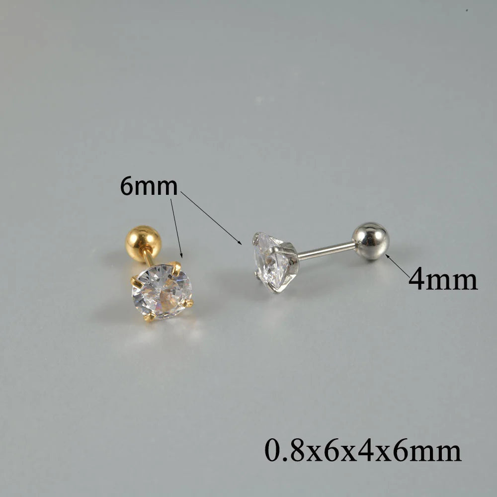 1Pair Surgical Steel Catch Round Zircon Earrings Gold Plated Cartilage Tragus Helix Ear Lobe Studs Women Piercing Jewelry